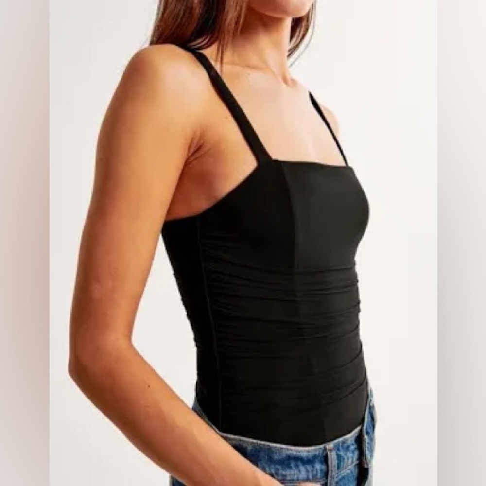 Abercrombie & Fitch Black Mesh Crepe Ruched Squareneck Bodysuit, Size Small - Picture 2 of 9
